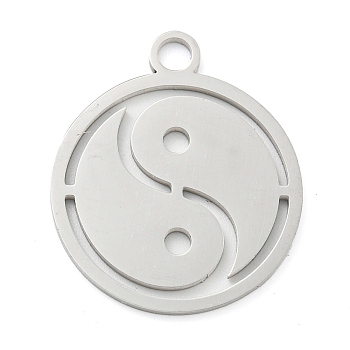 304 Stainless Steel Pendants, Laser Cut, Stainless Steel Color, Flat Round Charm, Yin-yang, 24.5x21x1mm, Hole: 3mm