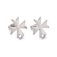 304 Stainless Steel Stud Earring Findings, with 201 Stainless Steel Ear Nuts, Cross, Stainless Steel Color, 15x13mm, Hole: 1.7mm, Pin: 0.8mm(STAS-G277-01P)
