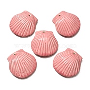 Handmade Porcelain Pendants, Shell Shape Charms, Pink, 36~38x35~37x9~10mm, Hole: 1.6mm(PORC-O003-01B-02)