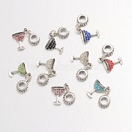 Large Hole Alloy Glass Rhinestone European Dangle Charms, Cocktail Glass, Antique Silver, Mixed Color, 28mm, Hole: 4.5mm(MPDL-L013-14)