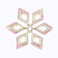 Cellulose Acetate(Resin) Pendants, with Alloy Findings, Rhombus, Light Gold, Pink, 36x20x4mm, Hole: 1.5mm(X-KY-T006-25C)