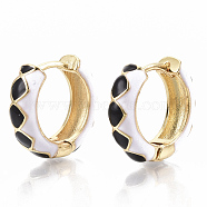 Brass Huggie Hoop Earrings, with Two Tone Enamel, Real 18K Gold Plated, Rhombus Pattern, Black, 15.5x16.5x5mm, Pin: 1x1mm(EJEW-S209-05A)