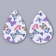 PU Leather Big Pendants, Double Sided, teardrop, With Butterfly Pattern, White, 56x37x2mm, Hole: 1.6mm(FIND-R072-10-C11)