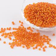 8/0 Glass Seed Beads, Silver Lined Round Hole, Round, Orange Red, 3mm, Hole: 1mm, about 1097pcs/50g(X-SEED-A005-3mm-29)