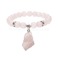 Round Natural Rose Quartz Beaded Stretch Bracelet with Nuggets Charms for Women, Inner Diameter: 2-1/8 inch(5.5cm)(BJEW-JB09316-02)