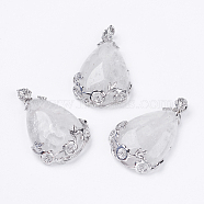 Natural Quartz Crystal Pendants, Rock Crystal Pendants, with Brass Findings, Teardrop with Flower, Platinum, Cadmium Free & Lead Free, 37.5x26x8mm, Hole: 4x6mm(G-F228-37O-RS)