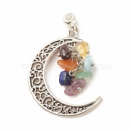 7 Chakra Natural Mixed Gemstone Chip Pendants, Antique Silver Plated Alloy Moon Charms, 40x30x1.8mm, Hole: 1.5mm(PALLOY-JF01486)
