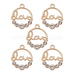 Alloy Crystal Rhinestone Pendants, Ring Charms with Word Love, Golden, 21.5x17x3.5mm, Hole: 1.6mm(FIND-YW0001-99)