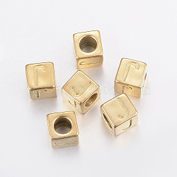 304 Stainless Steel Large Hole Letter European Beads, Horizontal Hole, Cube with Letter.J, Golden, 8x8x8mm, Hole: 5mm(STAS-H428-01G-J)
