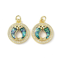 Brass Micro Pave Cubic Zirconia Pendants, with Synthetic Opal and Jump Ring, Flat Round with Fish, Real 18K Gold Plated, 18x15.5x3.5mm, Hole: 3.5mm(KK-A197-06G)