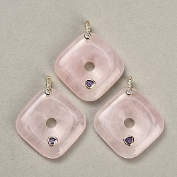 Natural Rose Quartz Pendants, Rhombus Charms, with Brass Pave Cubic Zirconia Findings, Golden, 35~35.5x35~35.5x8~8.5mm, Hole: 5x6mm(GG-CBA4625-04G-05)