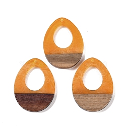 Resin & Wood Pendants, Hollow Teardrop Charms, Orange, 37.5x28x3.5mm, Hole: 2mm(WOOD-F015-17C)