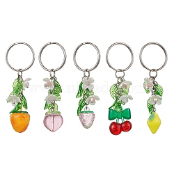 Fruits & Leaf Acrylic Pendant Keychain, with Iron Keychain Ring, Mixed Shapes, Mixed Color, 7.25~7.8cm, 5pcs/set(KEYC-JKC00680)