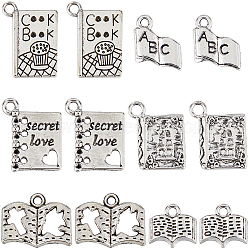 96Pcs 6 Style Tibetan Style Alloy Pendants, Book, Antique Silver, 10.5~19x11~17x1.5~3.5mm, Hole: 1.8~2mm, 16pcs/style(FIND-SC0008-53)