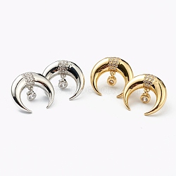 Brass Micro Pave Clear Cubic Zirconia Stud Earrings, with Ear Nuts, Double Horn/Crescent Moon, Mixed Color, 18.5x20mm, Pin: 0.6mm(EJEW-L234-044)