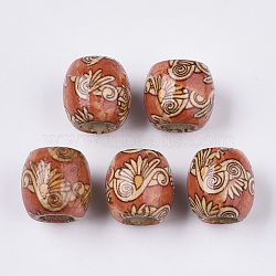 Printed Natural Wood Large Hole Beads, Barrel, Lead Free, Tomato, 16x14.5~16.5mm, Hole: 7.5mm(WOOD-R251-01A-LF)