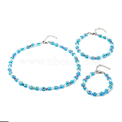 Beaded Necklaces, Bracelet & Anklets Set, with Lampwork & Acrylic & ABS Plastic Beads, 304 Stainless Steel & Brass Findings, Eye, Deep Sky Blue, 185~453mm, 3pcs/set(SJEW-JS01225)