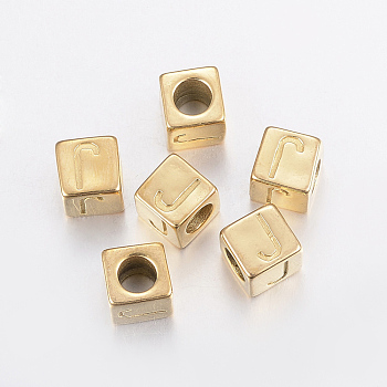 304 Stainless Steel Large Hole Letter European Beads, Horizontal Hole, Cube with Letter.J, Golden, 8x8x8mm, Hole: 5mm