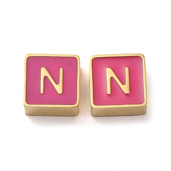 304 Stainless Steel Enamel Beads, Real 14K Gold Plated, Square with Letter, Letter N, 8x8x4mm, Hole: 2mm