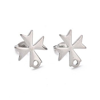 304 Stainless Steel Stud Earring Findings, with 201 Stainless Steel Ear Nuts, Cross, Stainless Steel Color, 15x13mm, Hole: 1.7mm, Pin: 0.8mm