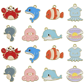 24Pcs 8 Styles Alloy Enamel Pendants, Sea Animals Charm, Light Gold, Whale & Shell & Crab, Mixed Color, 17~22x18~24x1mm, Hole: 1.8mm, 3pcs/style