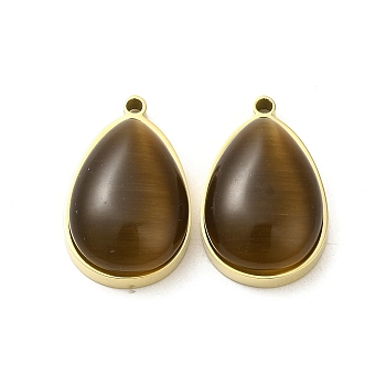 304 Stainless Steel Pendants, with Cat Eye, Real 14K Gold Plated, Teardrop, Coconut Brown, 22x14x7.4mm, Hole: 1.4mm