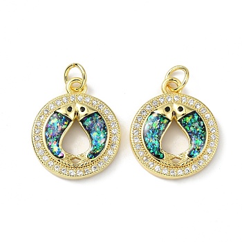 Brass Micro Pave Cubic Zirconia Pendants, with Synthetic Opal and Jump Ring, Flat Round with Fish, Real 18K Gold Plated, 18x15.5x3.5mm, Hole: 3.5mm