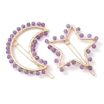 2Pcs Moon & Star Alloy with Natural Amethyst Hollow Hair Barrettes, Ponytail Holder Statement for Girls Women, Moon: 61x66x4~5mm, Star: 52.5~54x60x4~4.5mm