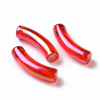 UV Plating Transparent Rainbow Iridescent Acrylic Beads, Curved Tube, Red, 32~33x10x8mm, Hole: 1.6mm