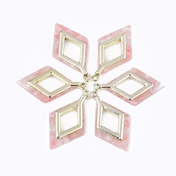 Cellulose Acetate(Resin) Pendants, with Alloy Findings, Rhombus, Light Gold, Pink, 36x20x4mm, Hole: 1.5mm