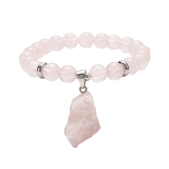 Round Natural Rose Quartz Beaded Stretch Bracelet with Nuggets Charms for Women, Inner Diameter: 2-1/8 inch(5.5cm)