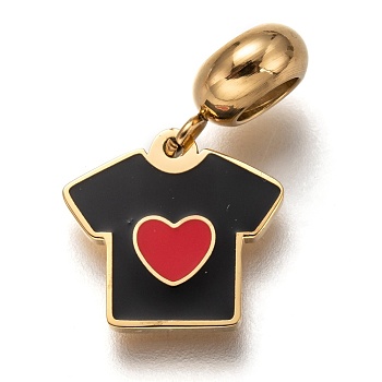 304 Stainless Steel Enamel European Dangle Charms, Large Hole Pendants, Clothes with Red Heart, Golden, Black, 22mm, Hole: 4.5mm, Pendant: 13x14x1.5mm