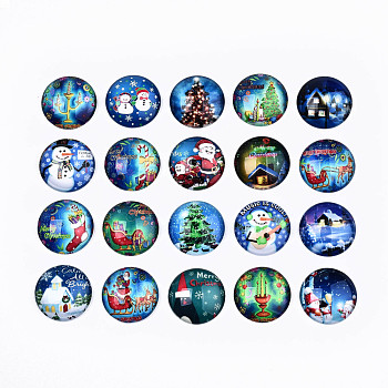 Glass Cabochons, Half Round with Christmas Themed Pattern, Blue, 25x7.5mm, 20pcs/set