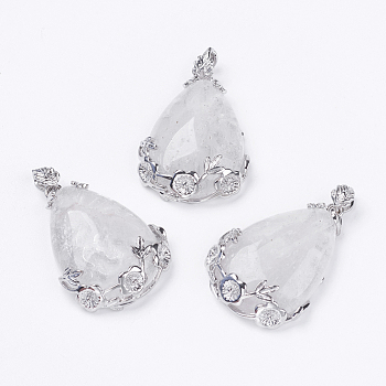 Natural Quartz Crystal Pendants, Rock Crystal Pendants, with Brass Findings, Teardrop with Flower, Platinum, Cadmium Free & Lead Free, 37.5x26x8mm, Hole: 4x6mm