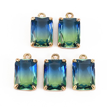 Gradient Color Glass Pendants, with Brass Prong Settings, Faceted, Rectangle, Light Gold, Light Green, 17x10x5.5mm, Hole: 1.6mm