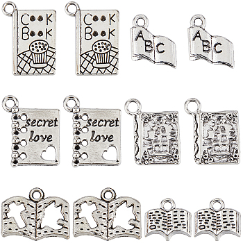 96Pcs 6 Style Tibetan Style Alloy Pendants, Book, Antique Silver, 10.5~19x11~17x1.5~3.5mm, Hole: 1.8~2mm, 16pcs/style