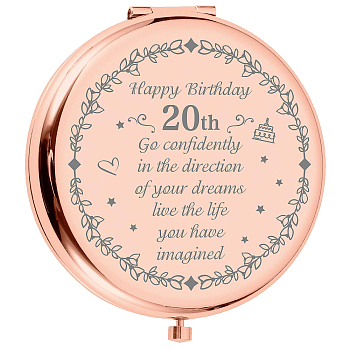 1Pc Stainless Steel Customization Mirror, Flat Round, with 1Pc Rectangle Velvet Pouch, Birthday Themed Pattern, Rose Gold, Mirror: 7x6.5cm