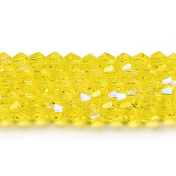 Transparent Electroplate Glass Beads Strands, AB Color Plated, Faceted, Bicone, Yellow, 3.5~3.8x3mm, Hole: 0.8mm, about 113~115pcs/strand, 14.17~14.37 inch(36~36.5cm)