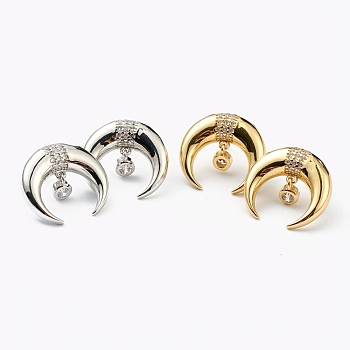 Brass Micro Pave Clear Cubic Zirconia Stud Earrings, with Ear Nuts, Double Horn/Crescent Moon, Mixed Color, 18.5x20mm, Pin: 0.6mm