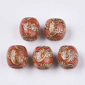 Printed Natural Wood Large Hole Beads, Barrel, Lead Free, Tomato, 16x14.5~16.5mm, Hole: 7.5mm