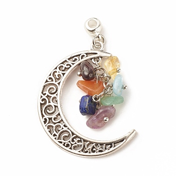 7 Chakra Natural Mixed Gemstone Chip Pendants, Antique Silver Plated Alloy Moon Charms, 40x30x1.8mm, Hole: 1.5mm