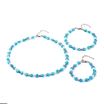 Beaded Necklaces, Bracelet & Anklets Set, with Lampwork & Acrylic & ABS Plastic Beads, 304 Stainless Steel & Brass Findings, Eye, Deep Sky Blue, 185~453mm, 3pcs/set