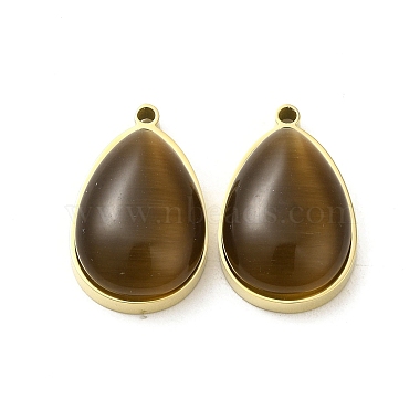 Real 14K Gold Plated Coconut Brown Teardrop Stainless Steel+Cat Eye Pendants