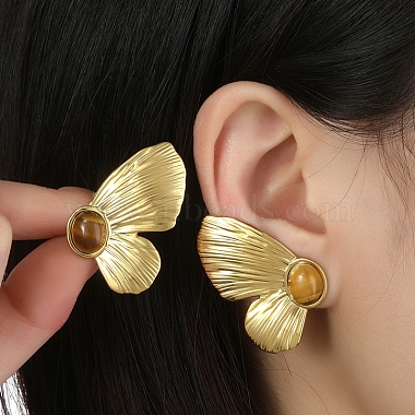 201 Natural Stainless Steel Butterfly with Natural Tiger Eye Stud Earrings(EJEW-D084-08G)-2