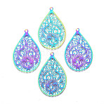 Ion Plating(IP) 201 Stainless Steel Filigree Pendants, Etched Metal Embellishments, Teardrop, Rainbow Color, 45.5x28.5x0.4mm, Hole: 2mm(X-STAS-T057-57)