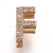 Golden Plated Brass Micro Pave Cubic Zirconia Slide Charms, Letter, Clear, Letter.F, 7~7.5x1.5~6.5x3mm, Hole: 6x1mm(ZIRC-L075-61F-G)