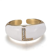 Brass Micro Pave Clear Cubic Zirconia Cuff Rings, Open Rings, with Enamel, Cadmium Free & Lead Free, Golden, Letter.L, US Size 7 1/4, Inner Diameter: 17.6mm(RJEW-H538-03G-L)