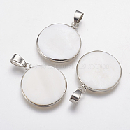 Natural White Shell Mother of Pearl Shell Pendants, with Platinum Tone Brass Findings, Flat Round, 24~27x20~23x2.5mm, Hole: 4x7mm(SSHEL-K022-08P)