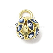 Brass Enamel Charms, with Jump Ring, Real 18K Gold Plated, Round with Evil Eye Charm, Prussian Blue, 12.5x10mm, Hole: 3.6mm(KK-E092-12G-01)