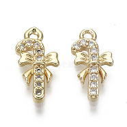 Brass Micro Pave Clear Cubic Zirconia Charms, Nickel Free, Christmas Crutch with Bowknot, Real 18K Gold Plated, 13x7x2mm, Hole: 1mm(KK-S348-525-NF)